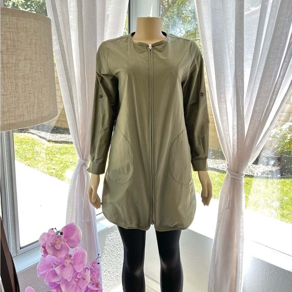 BONNIE ALEX Long Utility Jacket Coat Womens Size 55 M Medium Green Zip Closure